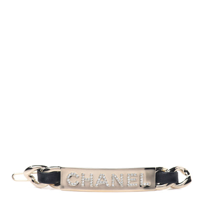 Chanel Metal Lambskin Crystal Sergeant Hair Clip Barette Black Gold 1 of 4