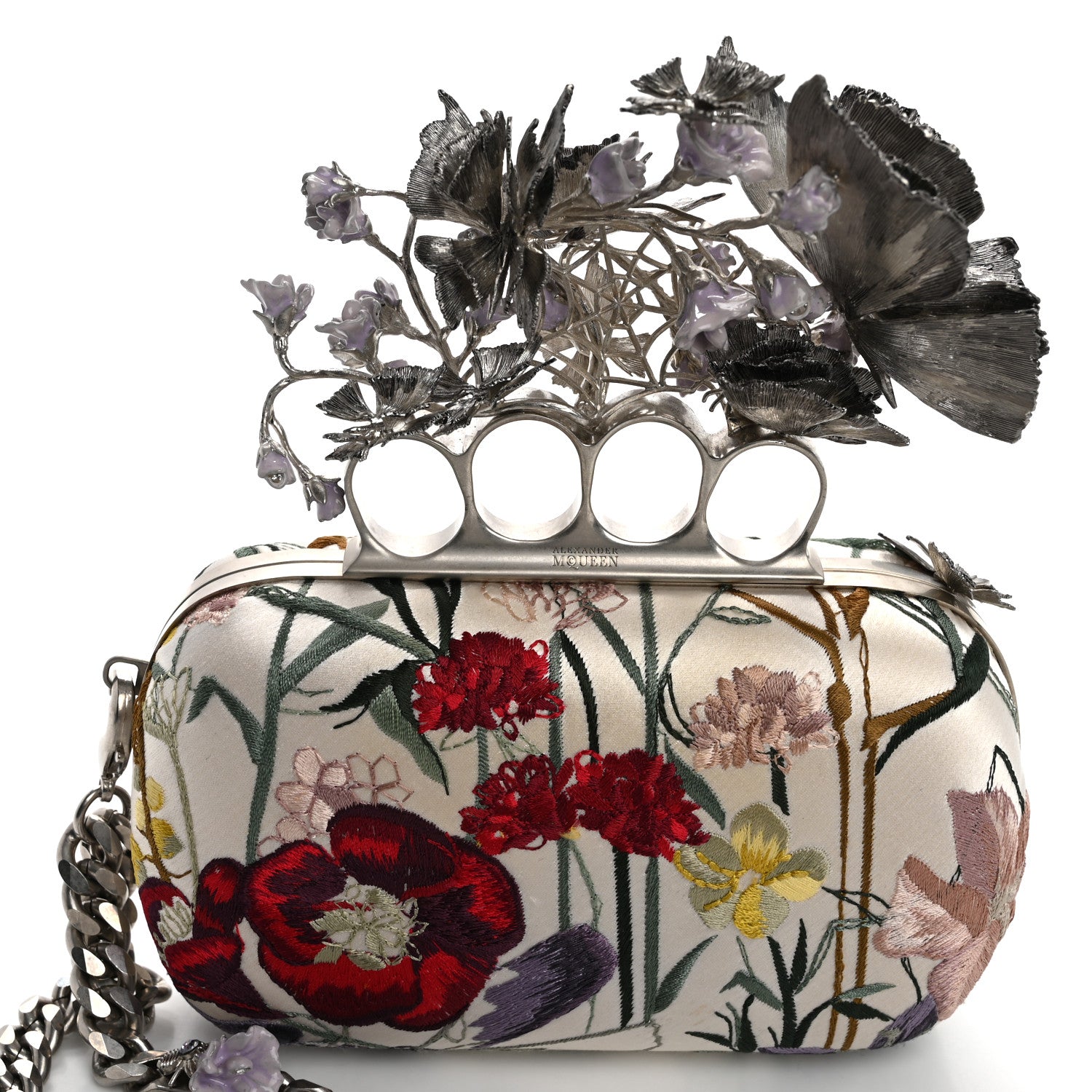 Alexander McQueen Satin Embroidered Flower Butterfly Knuckle Duster Box Clutch White Multicolor 12 of 15