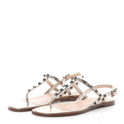 Valentino Garavani Metallic Nappa Rockstud Slingback Flat Thong Sandals 39 Skin 3 of 7