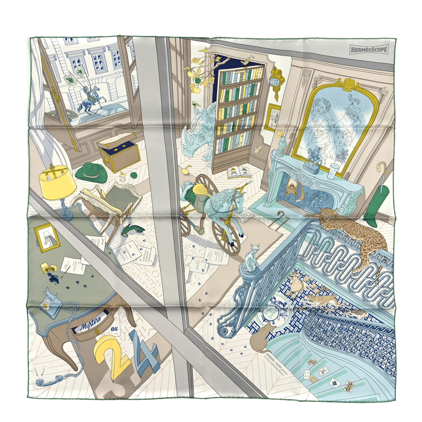 Silk Mystere Au 24 Faubourg Scarf 90 Gris Perle Vert Jaune