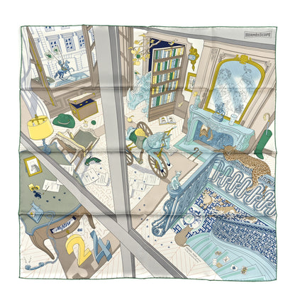 Hermes Silk Mystere Au 24 Faubourg Scarf 90 Gris Perle Vert Jaune 1 of 3