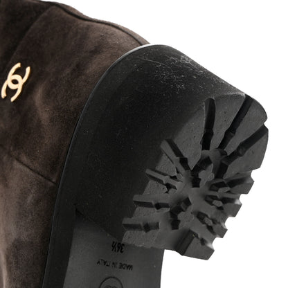 Chanel Suede Calfskin CC Cap Toe Boots 36.5 Black Brown 9 of 11