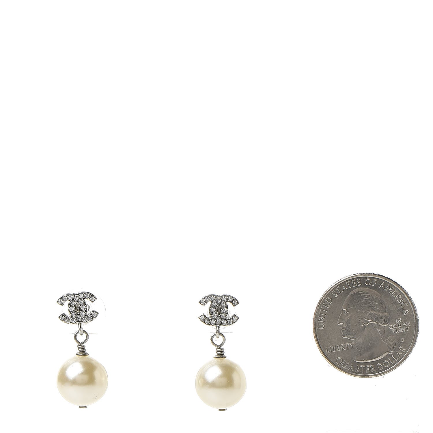 Chanel Crystal Pearl CC Drop Earrings Silver Pearly White 2 of 5