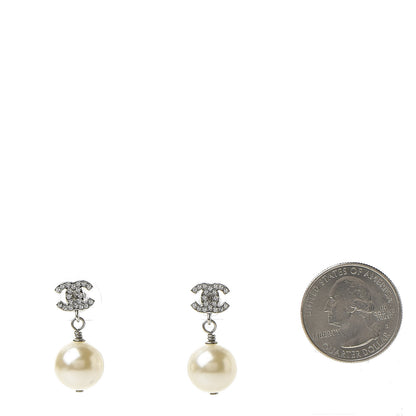 Chanel Crystal Pearl CC Drop Earrings Silver Pearly White 2 of 5