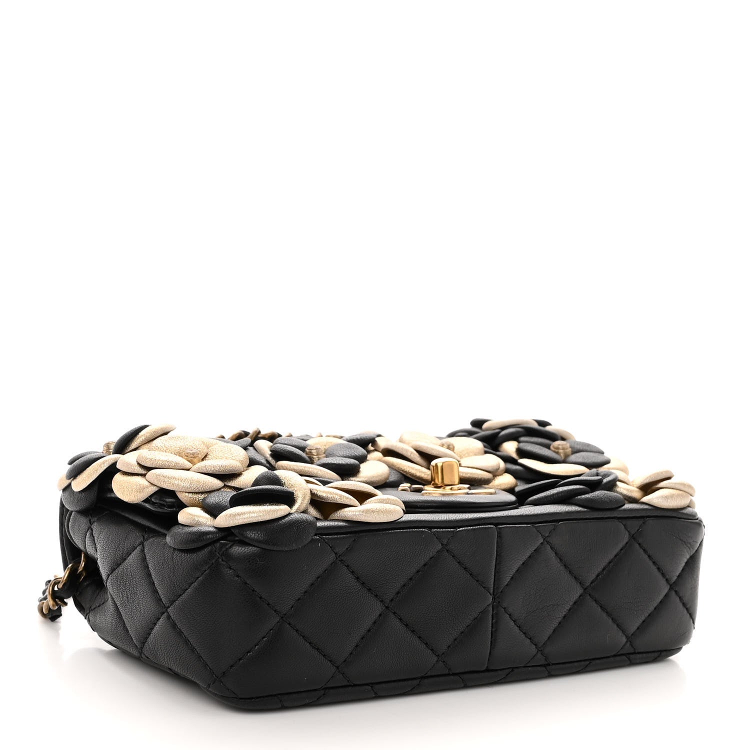 Chanel Metallic Lambskin Quilted Mini Camellia Flap Black Gold 4 of 10