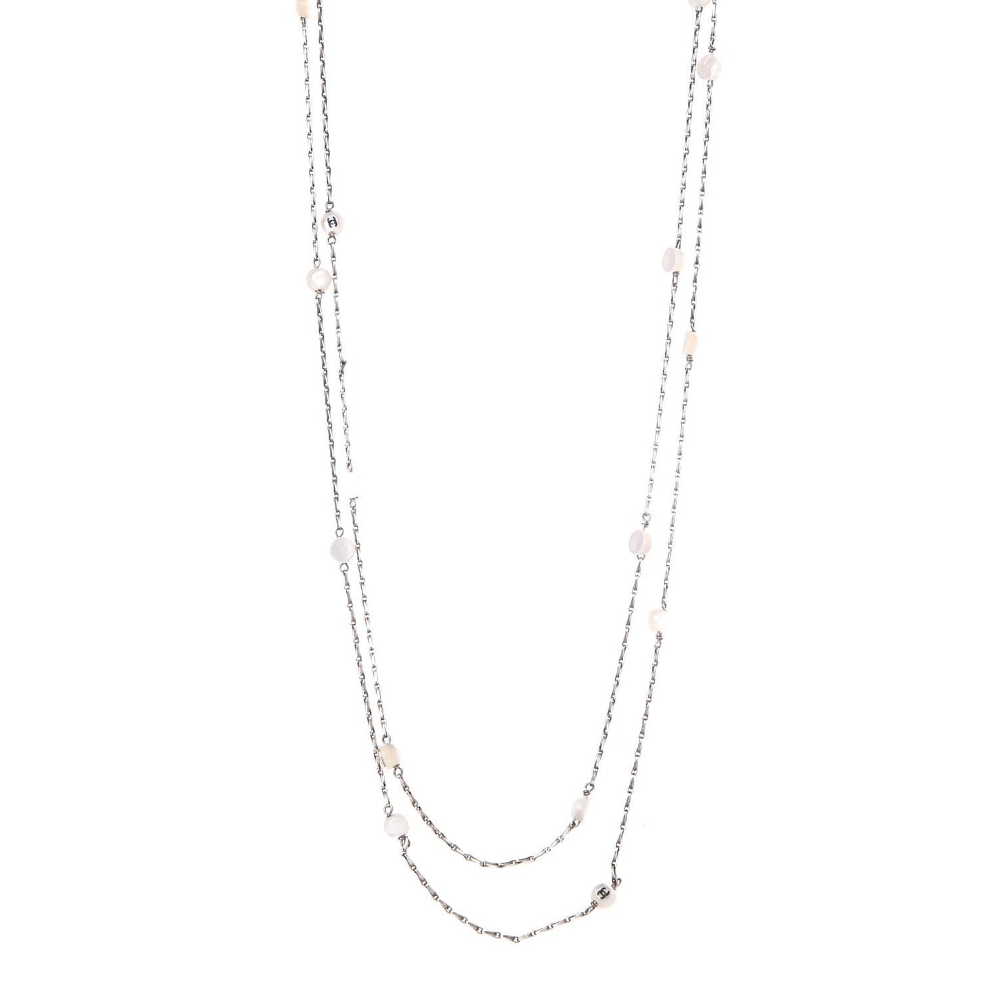 Pearl Beaded CC Long Necklace Silver