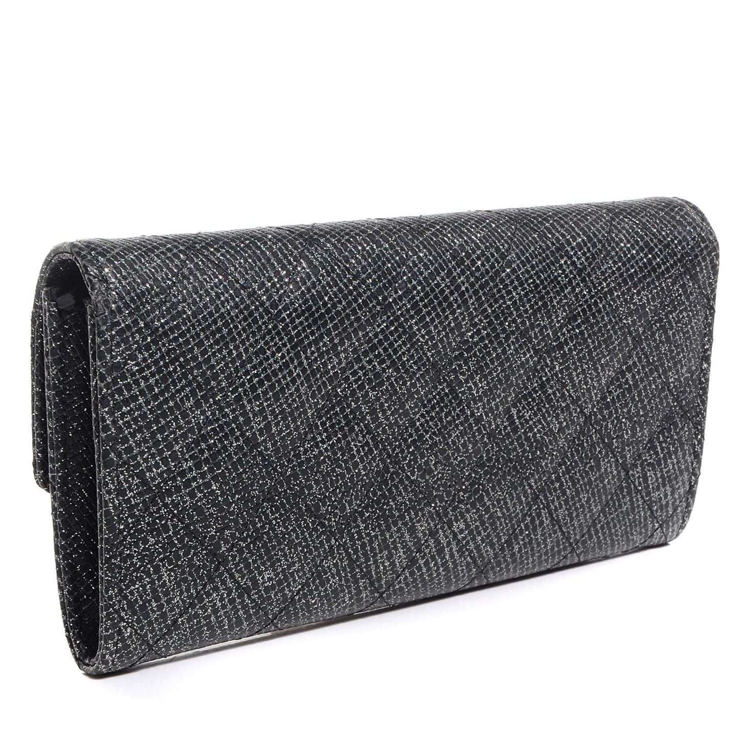 Glittered Calfskin Quilted Long Flap Wallet Black