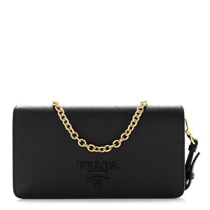 Prada Saffiano Shine Monochrome Mini Flap Crossbody Wristlet Bag Black 1 of 11