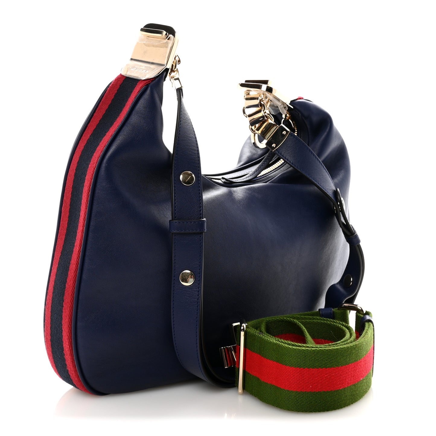 Aria Calfskin Web Large Attache Shoulder Bag Navy