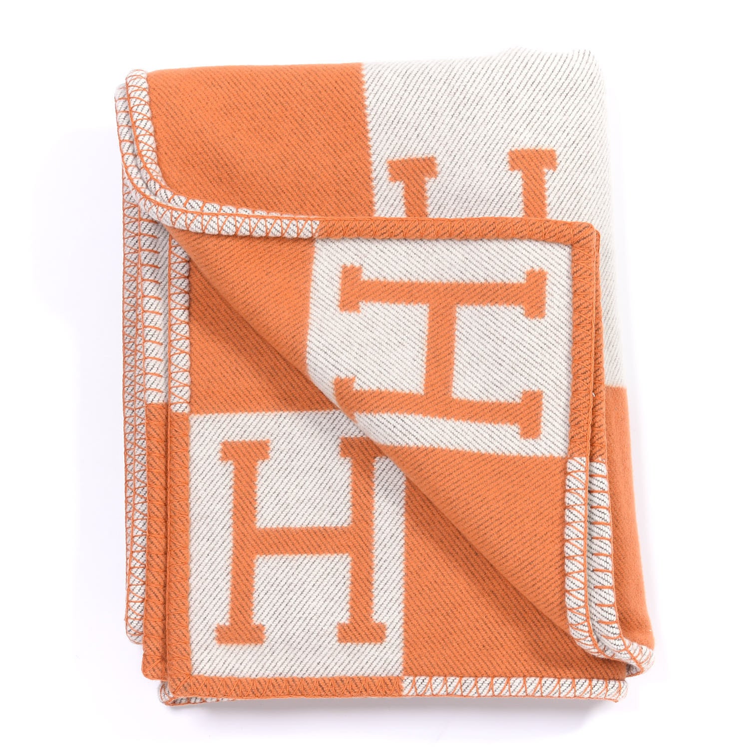 Hermes Wool Cashmere Signature Classic Avalon Blanket Ecru Potiron 2 of 3