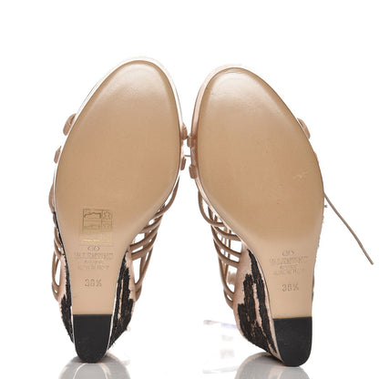 Valentino Garavani Calfskin Lace Applique Wood Wedge Sandals 38.5 Poudre 5 of 9