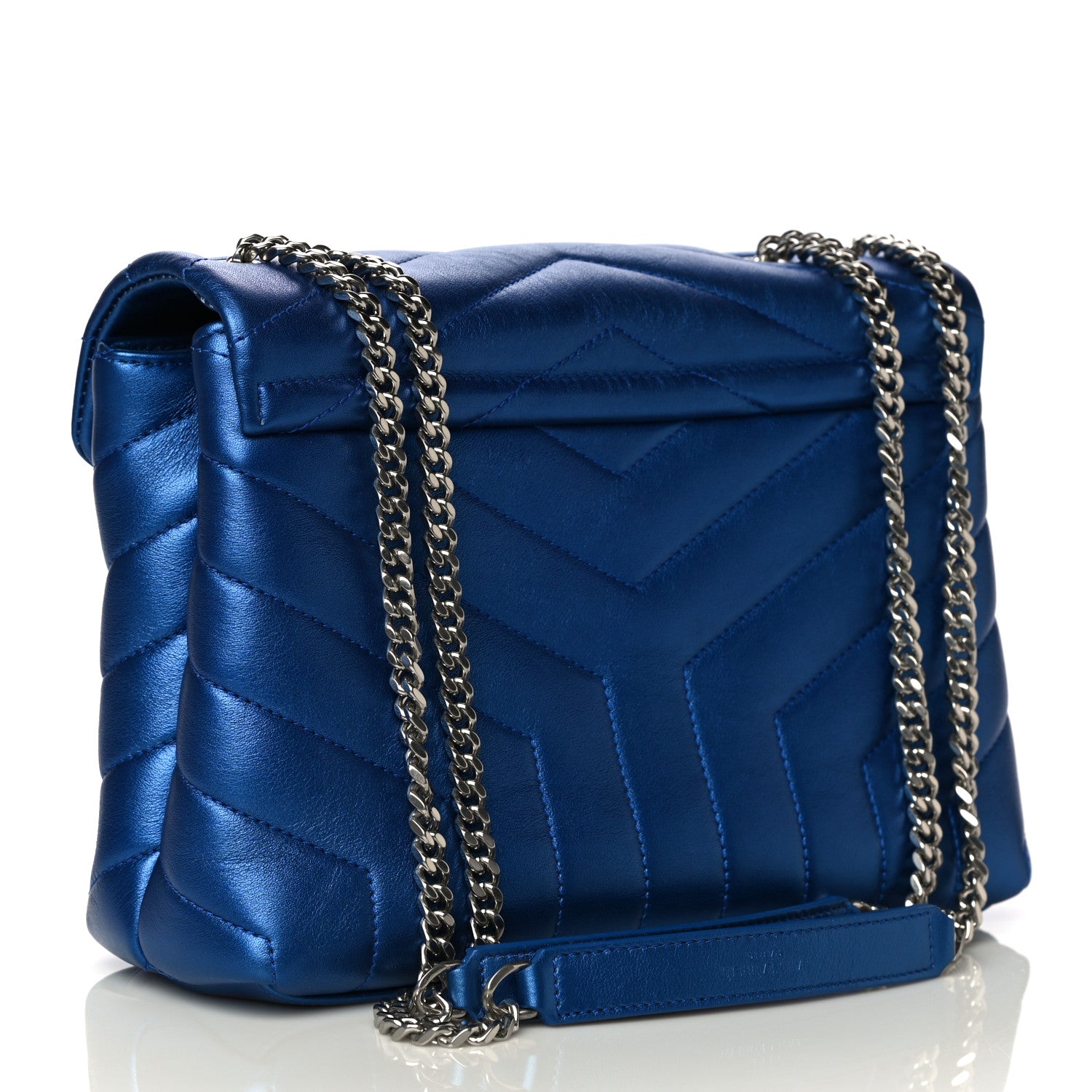 Saint Laurent Metallic Calfskin Y Quilted Monogram Small Loulou Chain Satchel Blue Royal 2 of 18
