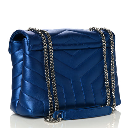 Saint Laurent Metallic Calfskin Y Quilted Monogram Small Loulou Chain Satchel Blue Royal 2 of 18