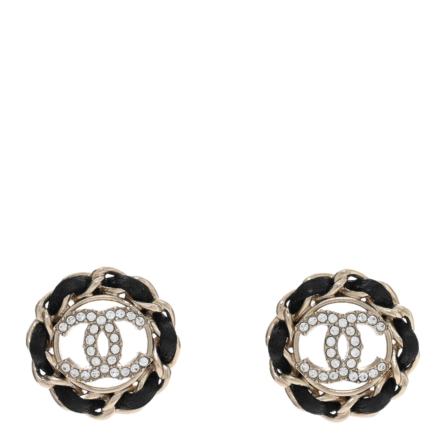 Crystal Lambskin Chain CC Stud Earrings Black Gold