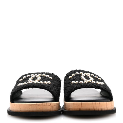 Chanel Fabric Pearl Cork CC Slip On Sandals 39 Black 3 of 11