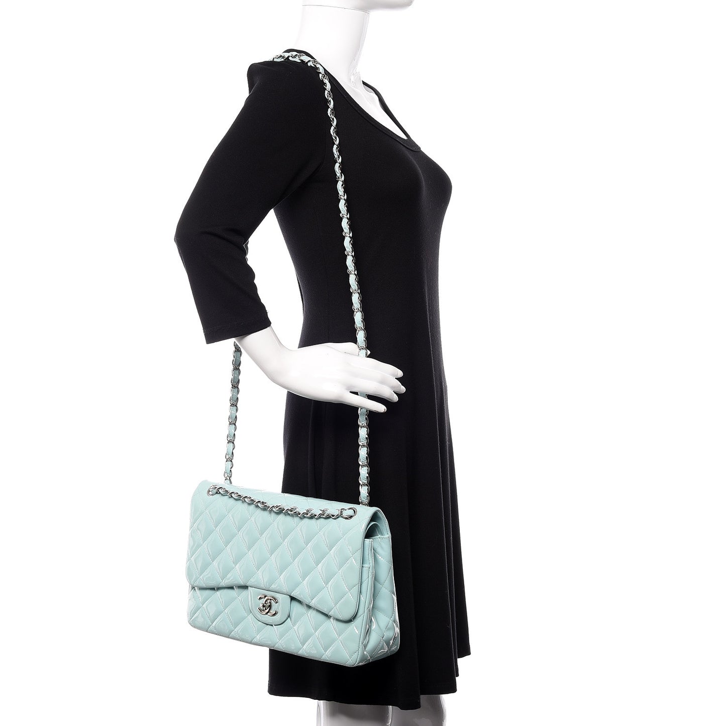 Patent Calfskin Quilted Jumbo Double Flap Light Green