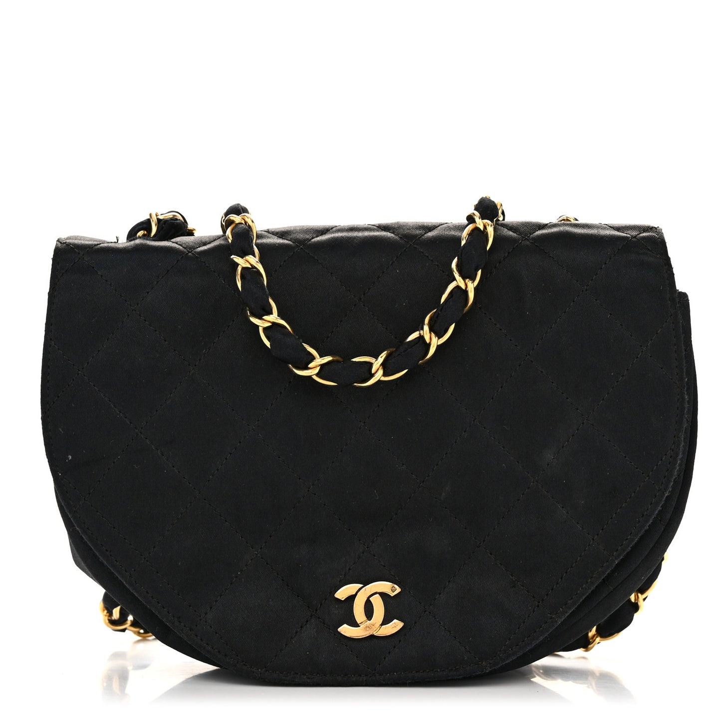 Satin Quilted Half Moon Flap Black