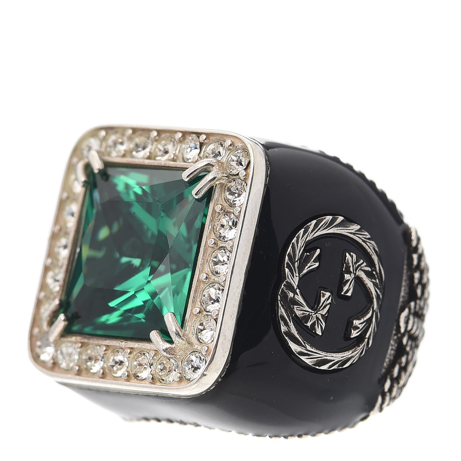 Gucci Sterling Silver Enamel Crystal Signet Ring Green 50 5.25 3 of 6