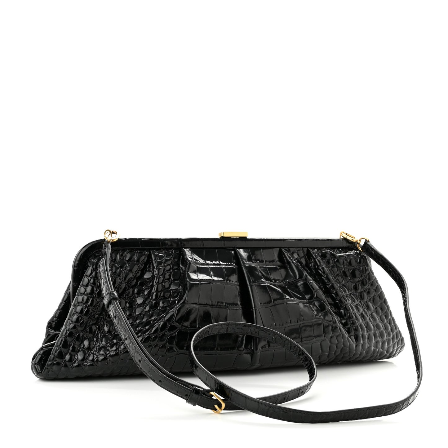Shiny Supple Calfskin Logo Crocodile Embossed XL Cloud Clutch Black White