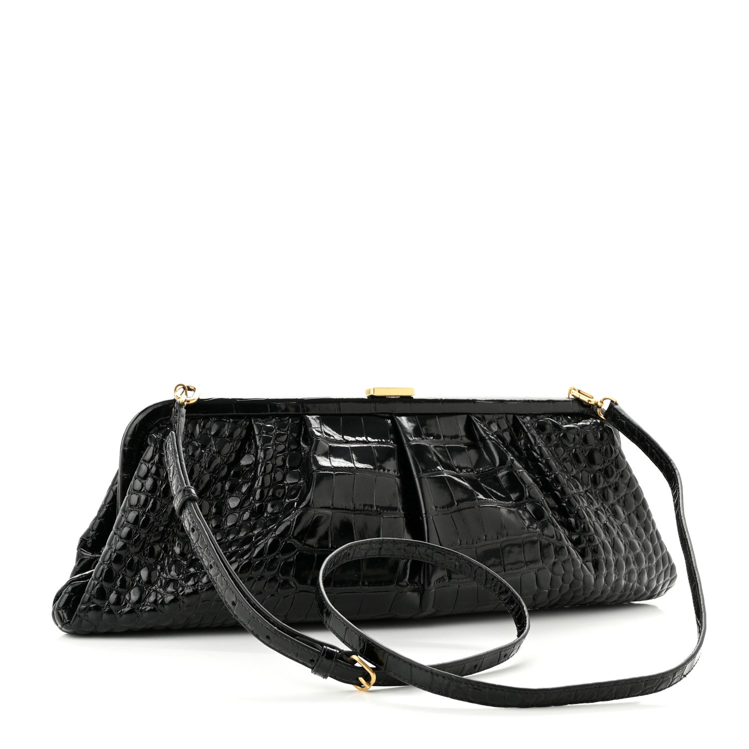 Balenciaga Shiny Supple Calfskin Logo Crocodile Embossed XL Cloud Clutch Black White 3 of 9