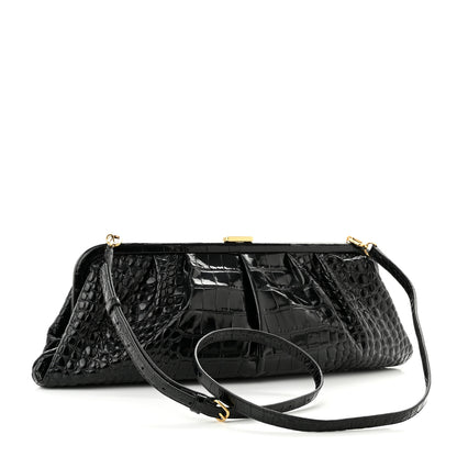 Balenciaga Shiny Supple Calfskin Logo Crocodile Embossed XL Cloud Clutch Black White 3 of 9