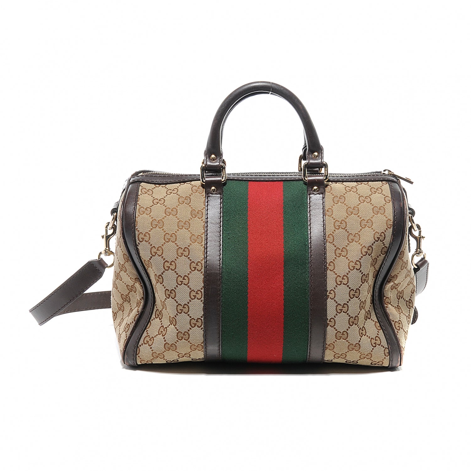 Gucci Monogram Selleria Calfskin Vintage Web Medium Boston Beige Ebony Cocoa 7 of 9