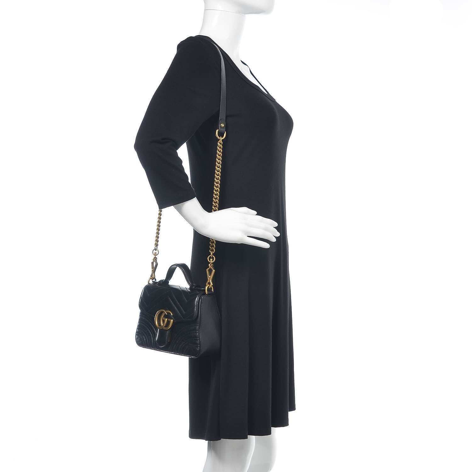 Gucci Calfskin Matelasse Mini GG Marmont Top Handle Shoulder Bag Black 3 of 10