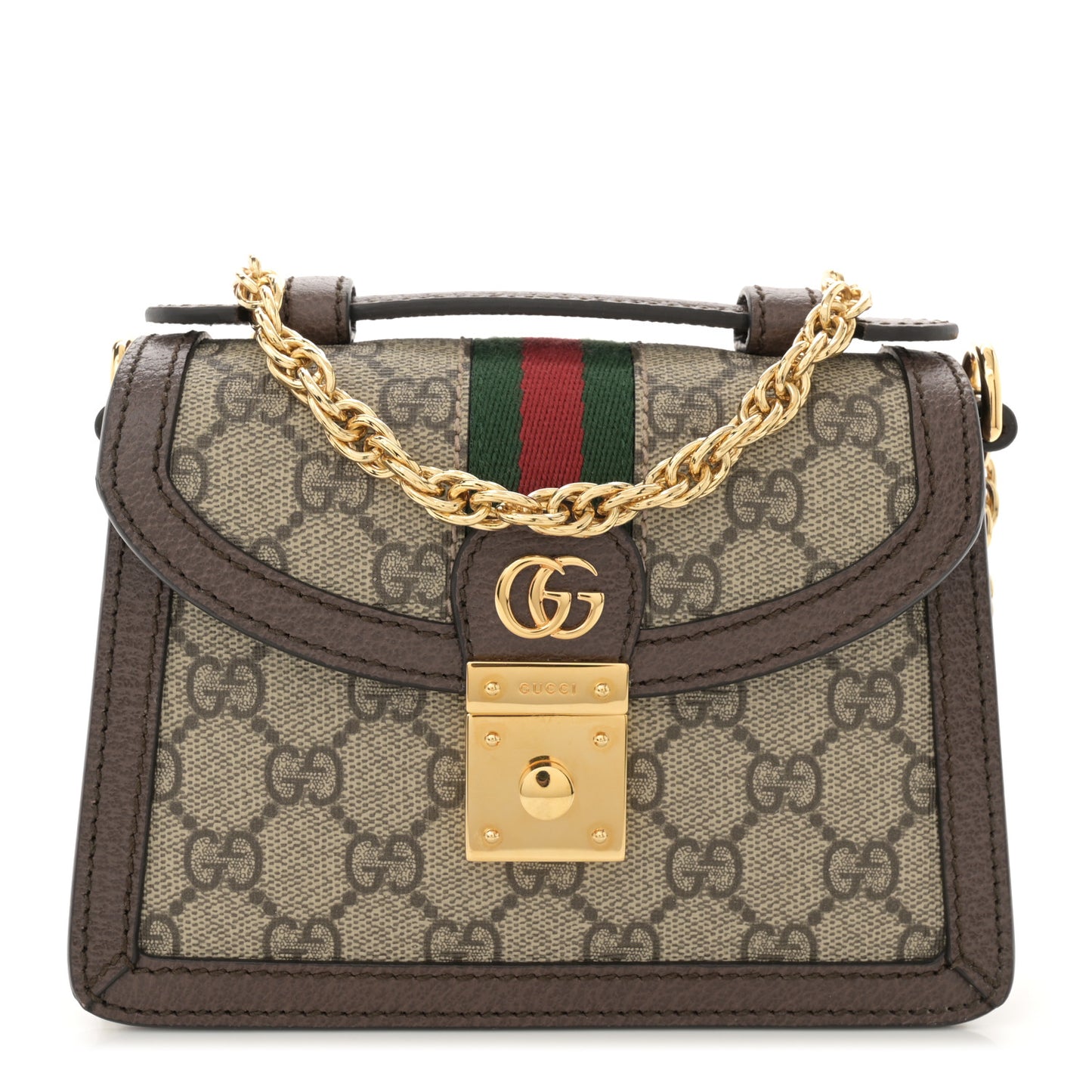 GG Supreme Monogram Textured Dollar Calfskin Web Mini Ophidia Padlock Top Handle Chain Shoulder Bag Beige Ebony New Acero