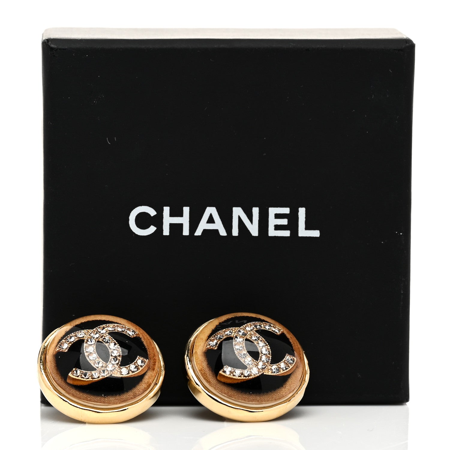 Chanel Resin Crystal CC Round Earrings Gold Black 5 of 5