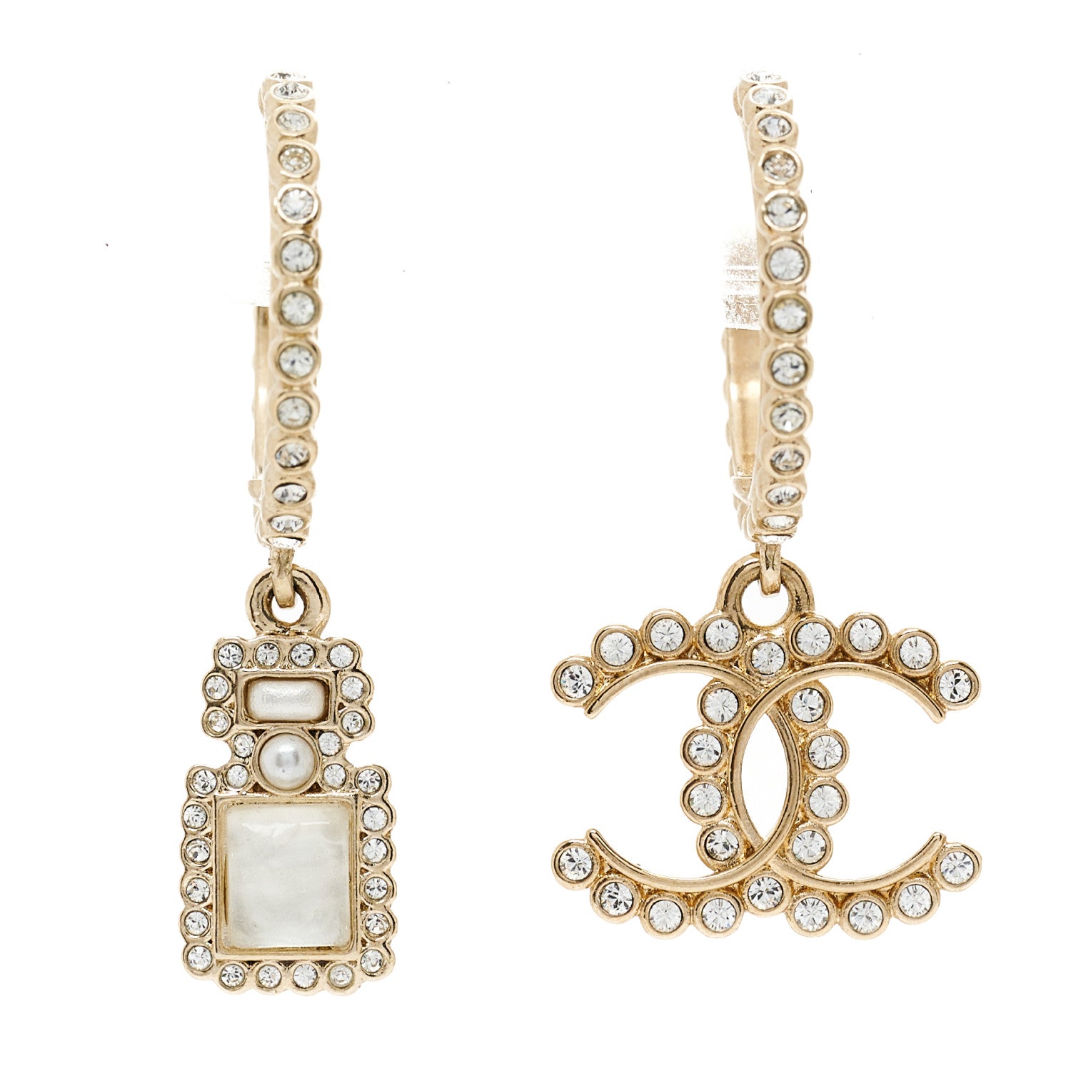Chanel Crystal Pearl CC Perfume Bottle Drop Hoop Earrings Gold 1 of 6