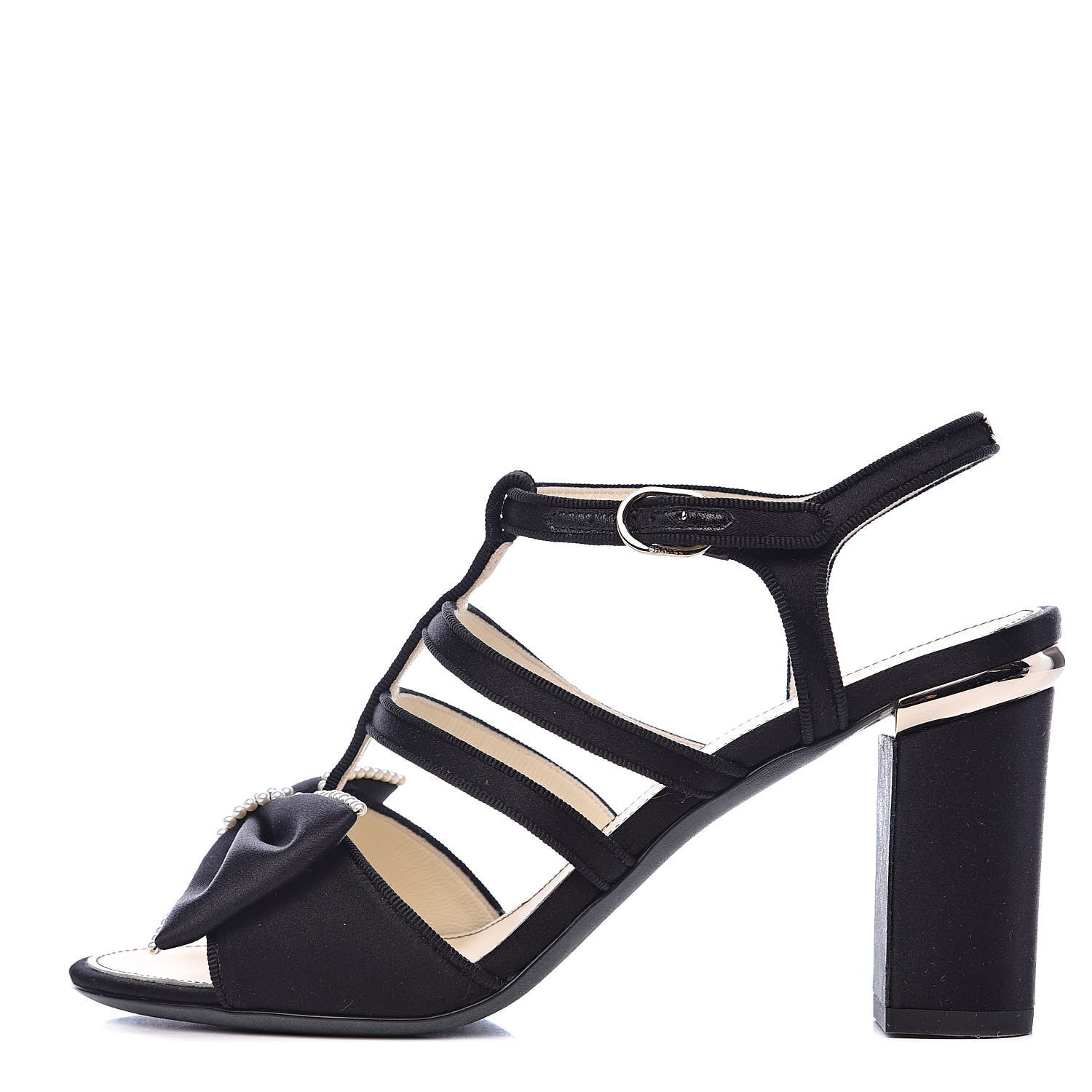 Chanel Satin Pearl Bow Sandals 37 Black 1 of 10