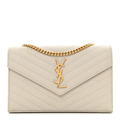 Saint Laurent Grain De Poudre Matelasse Chevron Monogram Chain Wallet White 1 of 14