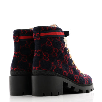 Gucci Covered Wool Big GG Monogram Womens Lace Up Combat Ankle Boots 39.5 Blue Red 4 of 11