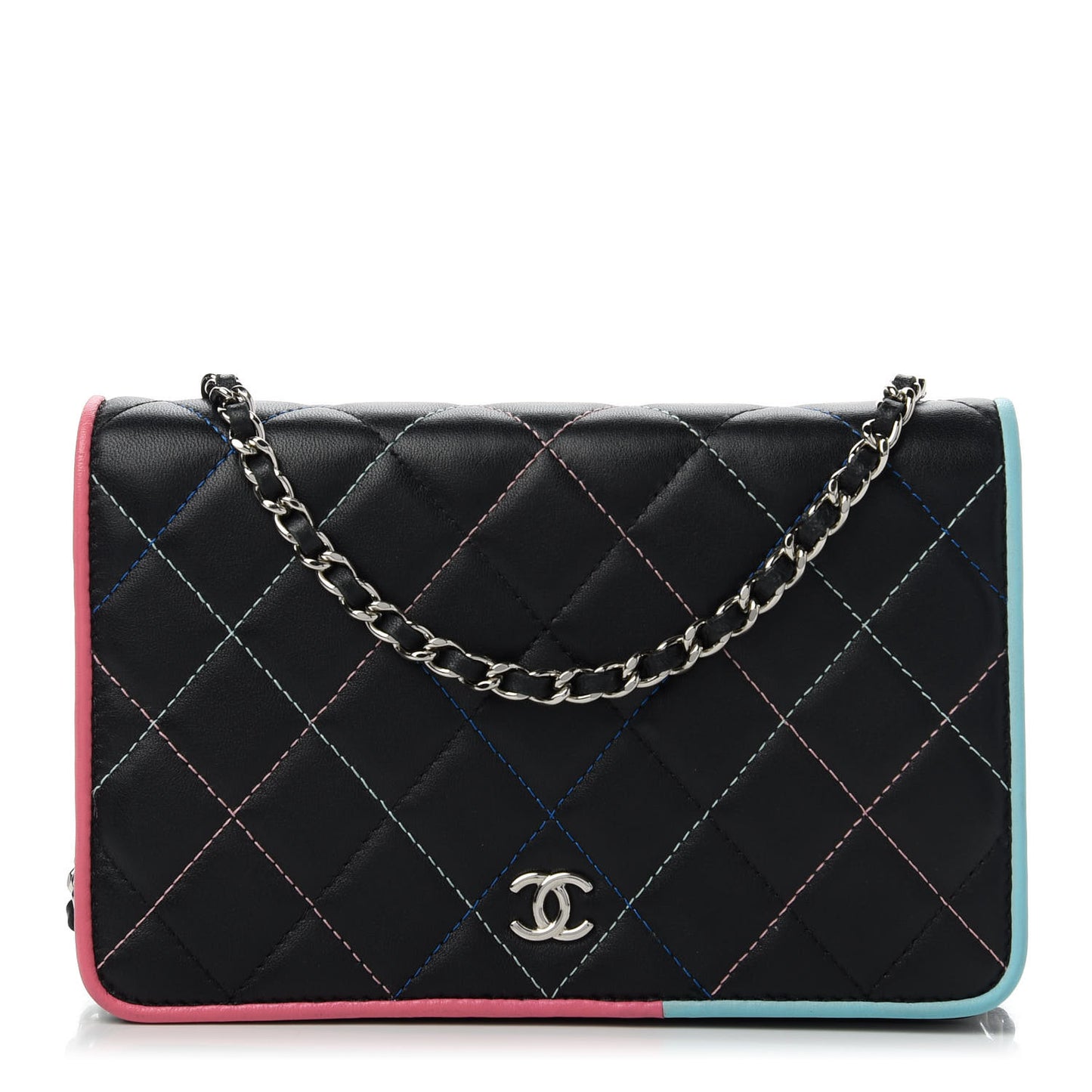Lambskin Quilted Wallet On Chain WOC Black Pink Light Blue