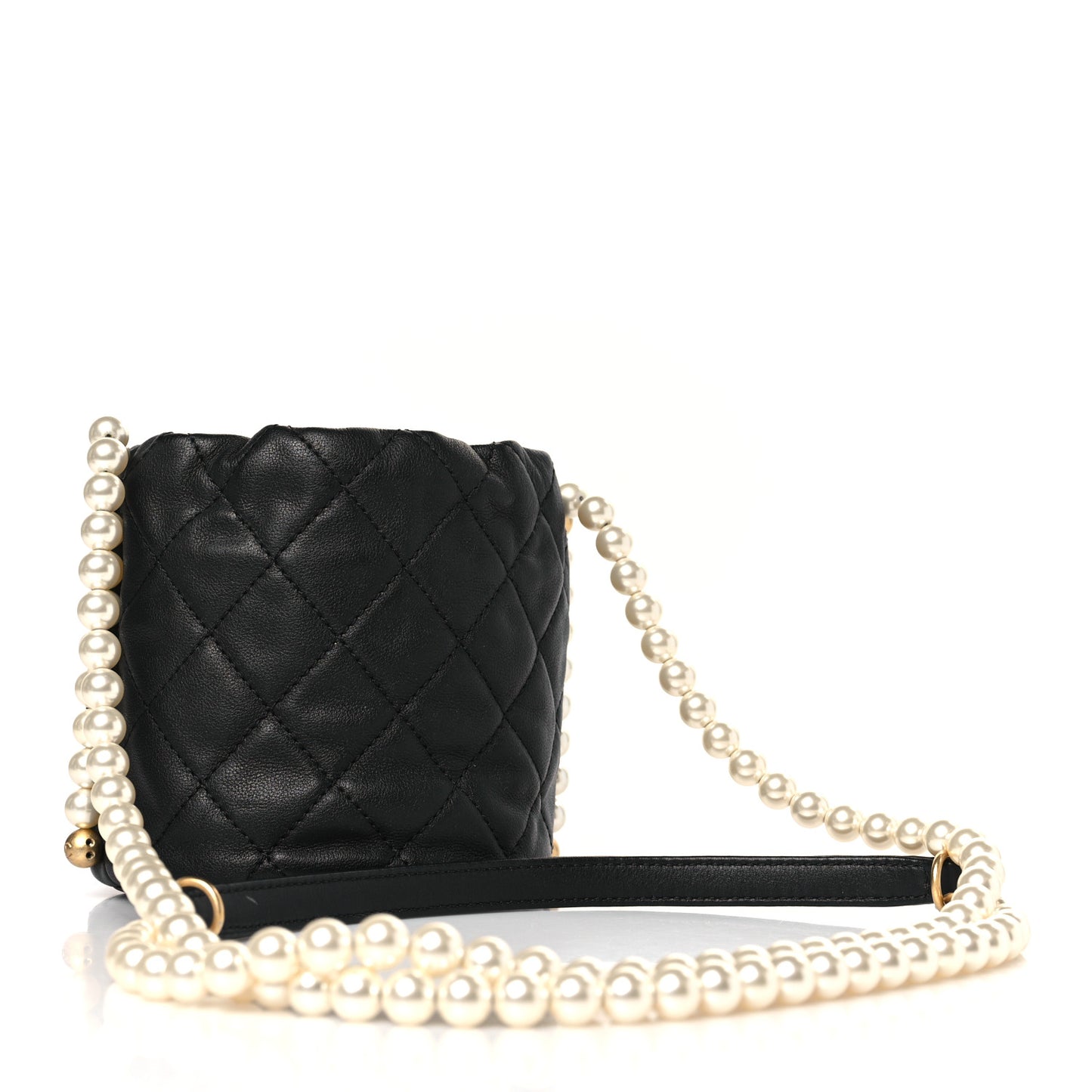 Calfskin Quilted Pearl Mini About Pearls Drawstring Bucket Bag Black