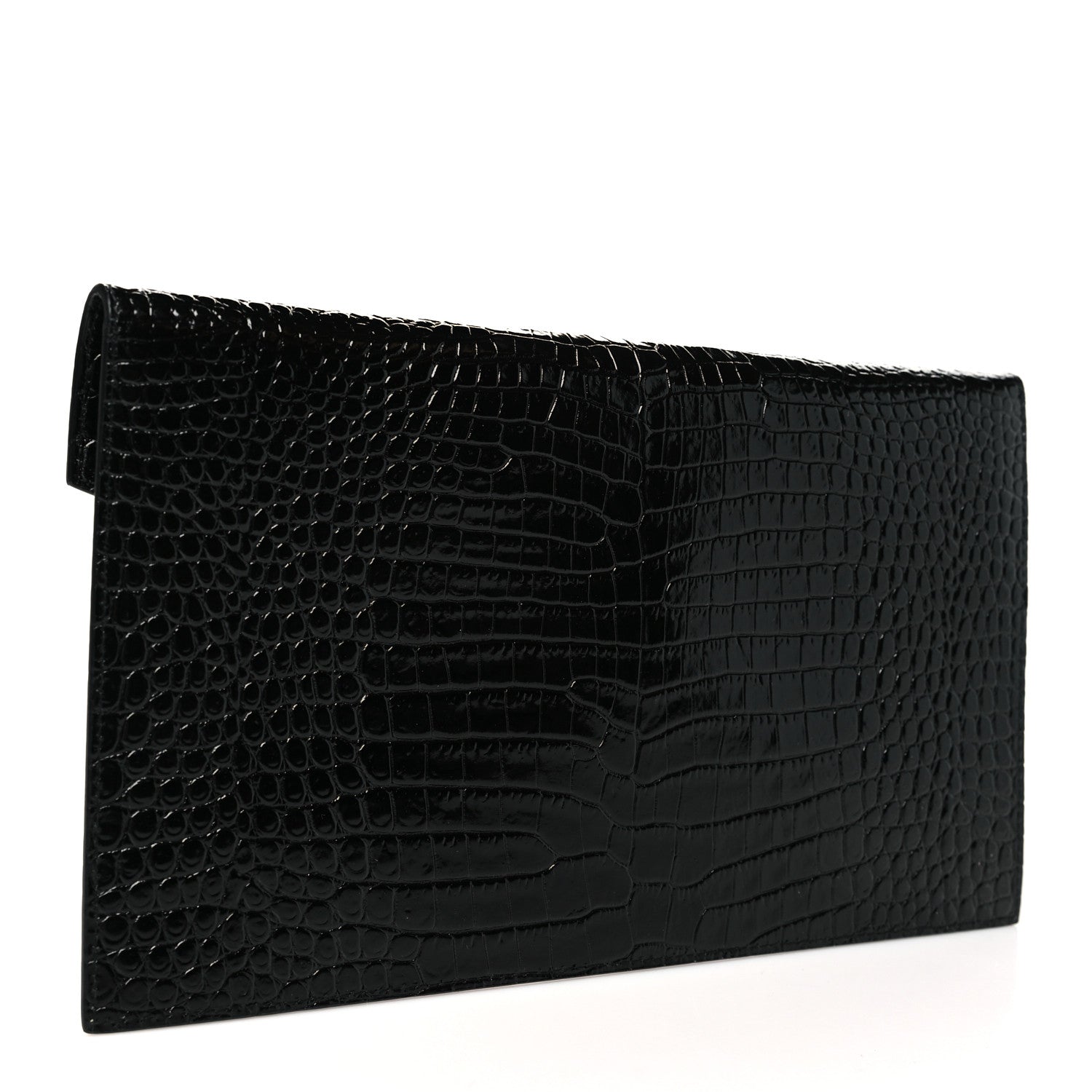 Saint Laurent Calfskin Crocodile Embossed Uptown Monogram Pouch Black 3 of 8