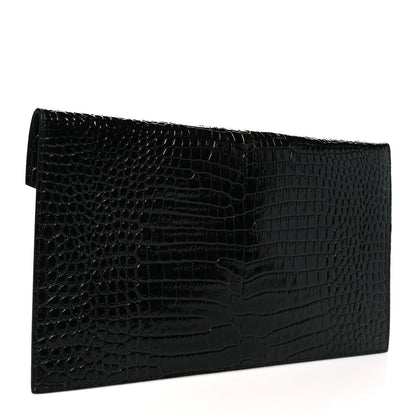 Saint Laurent Calfskin Crocodile Embossed Uptown Monogram Pouch Black 3 of 8