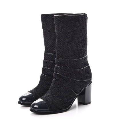 Chanel Tweed Patent Mid Calf Boots 39.5 Navy 3 of 8