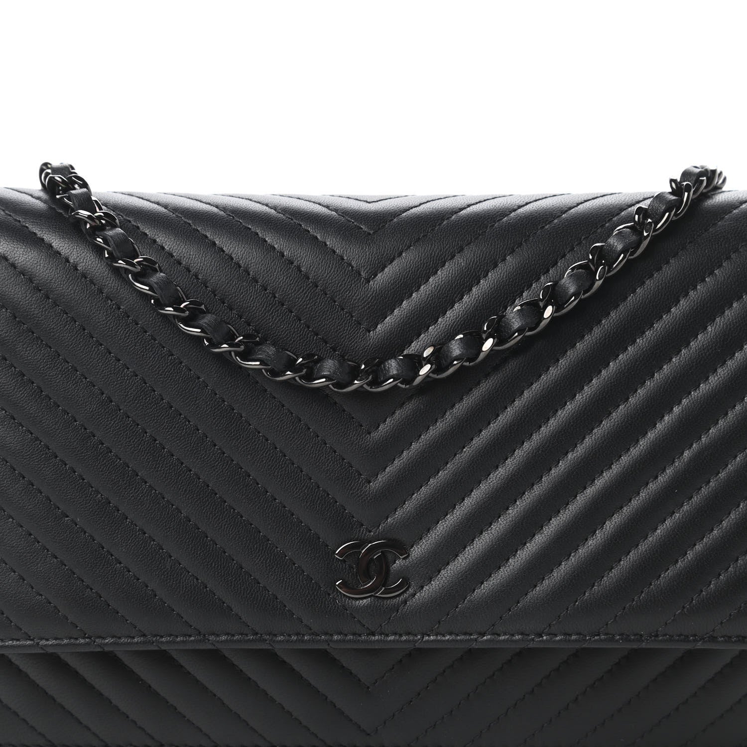 Chanel Lambskin Chevron Quilted Wallet On Chain WOC So Black 11 of 12