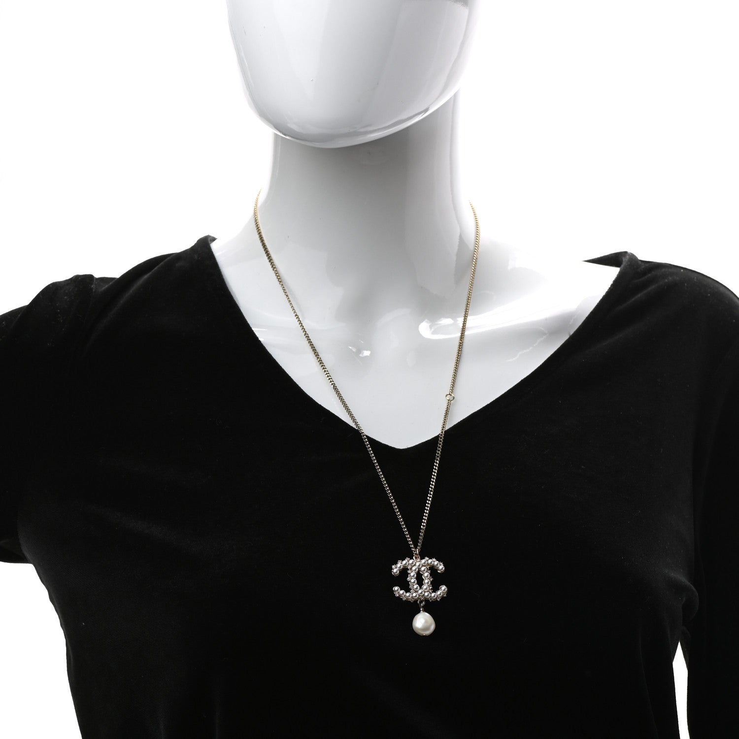 Chanel Crystal Pearl CC Drop Necklace Gold 2 of 5