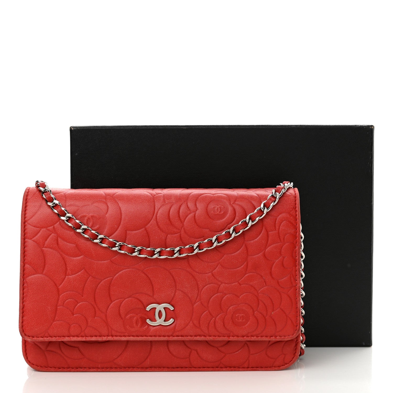 Chanel Lambskin Camellia Embossed Wallet on Chain WOC Red 20 of 20