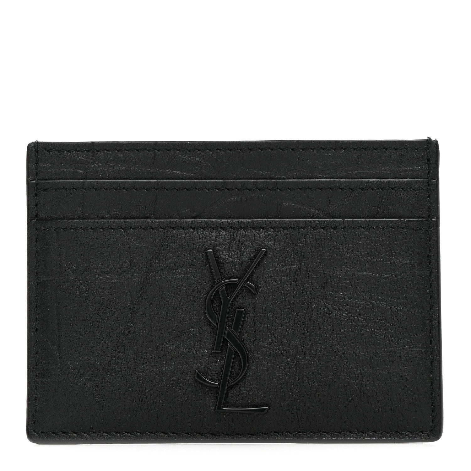 Saint Laurent Calfskin Crocodile Embossed Monogram Credit Card Case Black 1 of 8