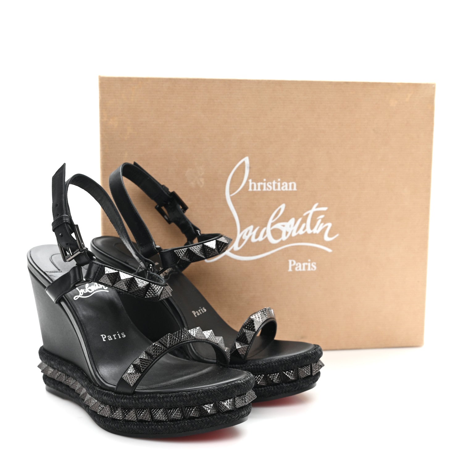 Christian Louboutin Kid Laminato Satin Pyraclou 110 Wedge Sandals 37 Black 9 of 9
