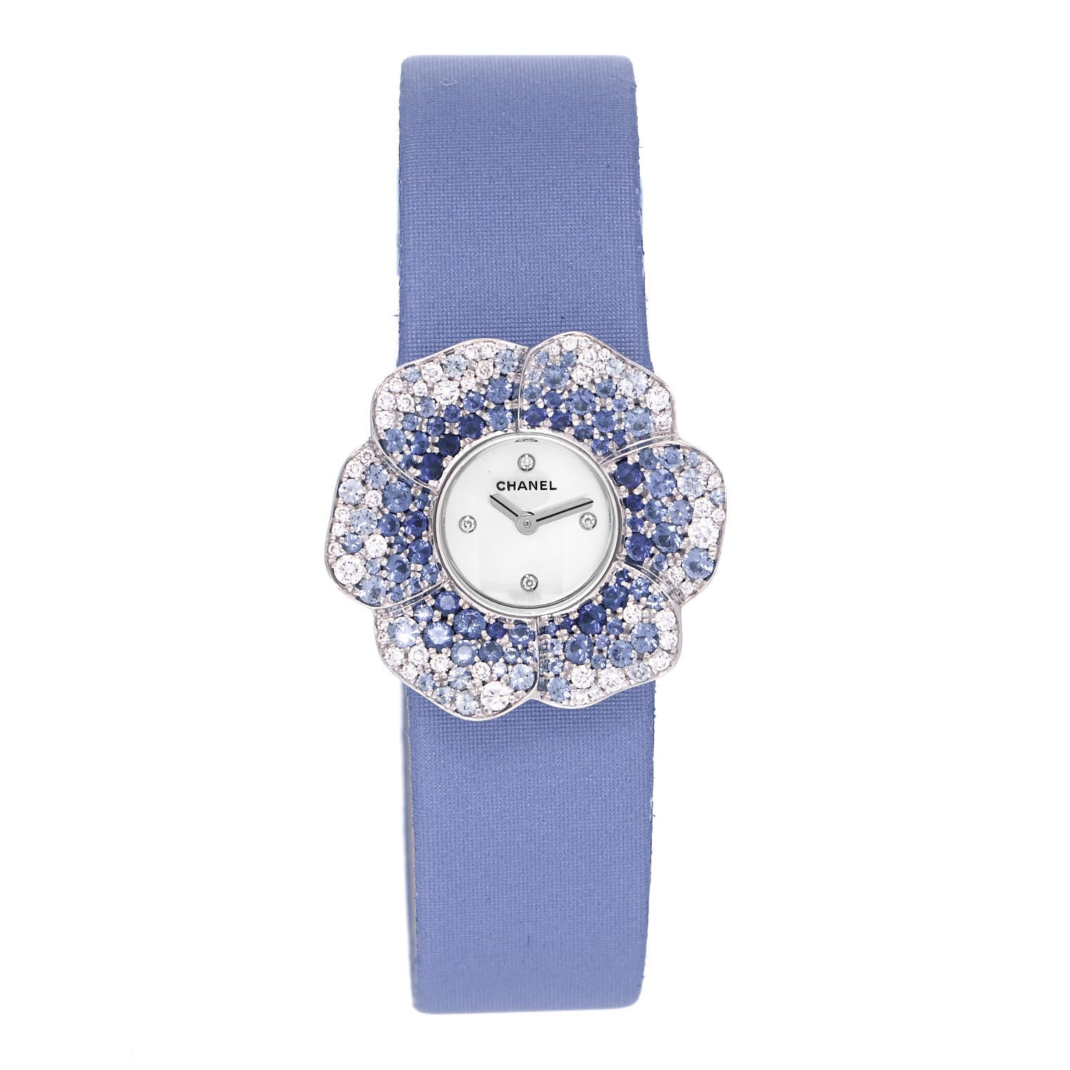 Chanel 18K White Gold Satin Diamond Sapphire 27mm Camellia Quartz Watch Lavender 1 of 5