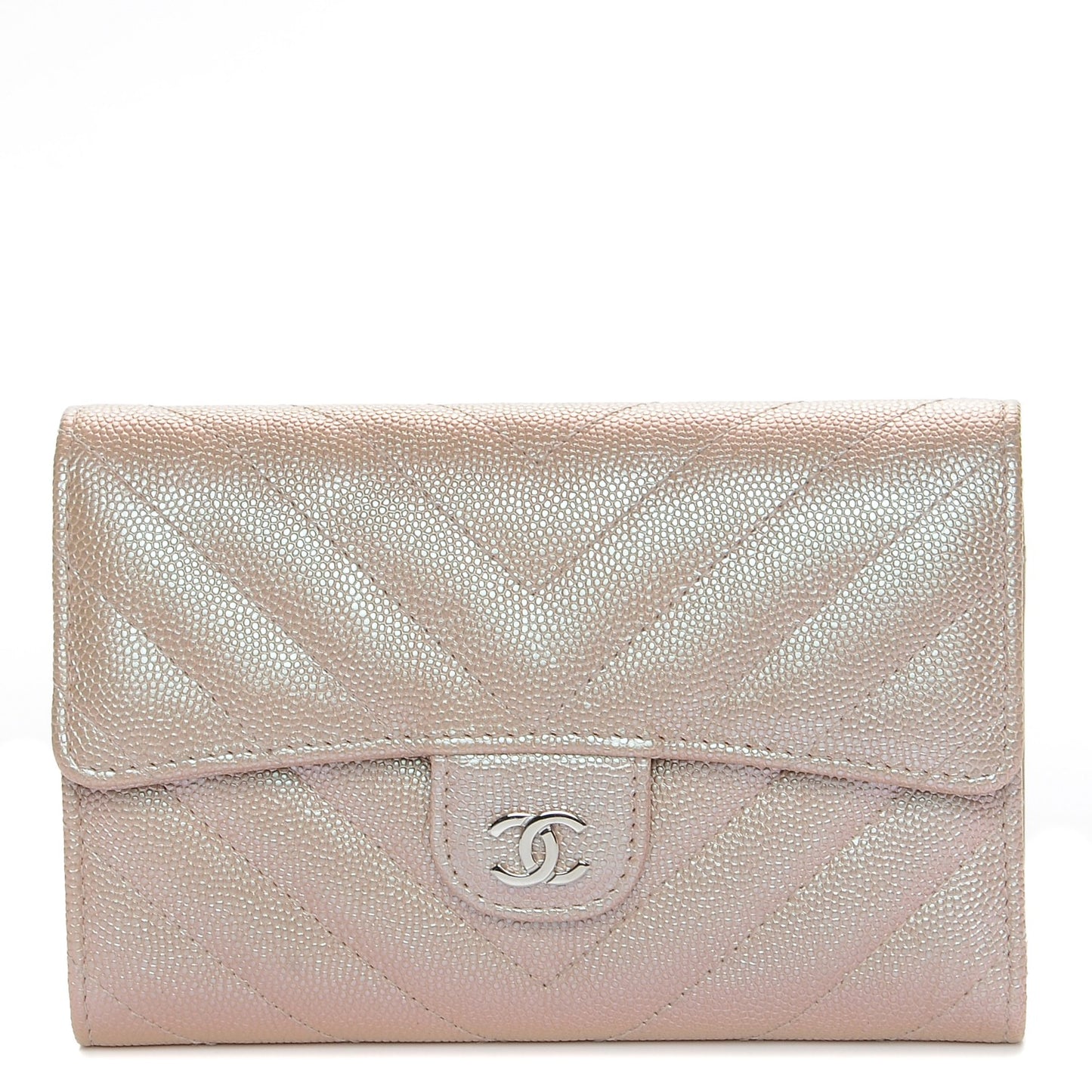 Metallic Caviar Chevron Quilted Medium Flap Wallet Light Gold