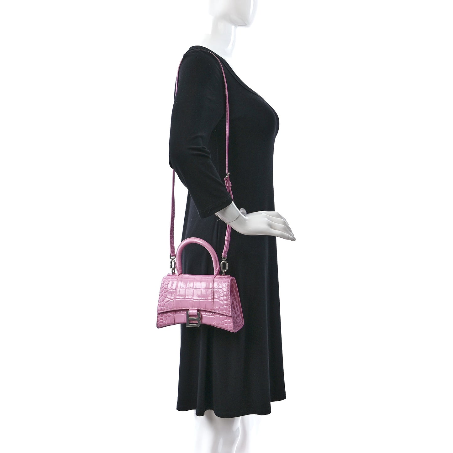 Shiny Calfskin Crocodile Embossed Hourglass Top Handle Bag XS Pink