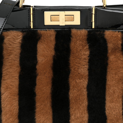 Fendi Shearling Vitello Vernice Mou Pequin Striped Medium Peekaboo Iconic Satchel Tobacco Black 9 of 11