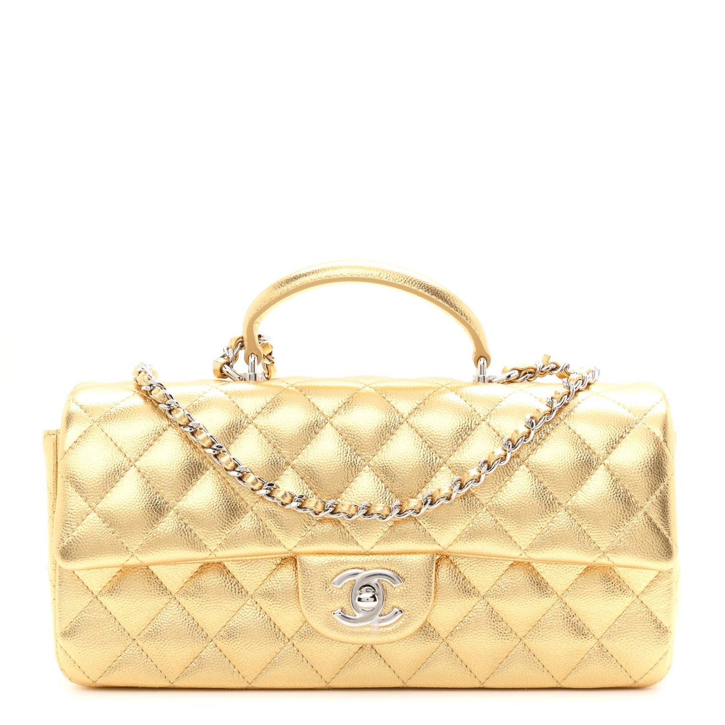 Metallic Caviar Quilted Top Handle East West Flap Gold