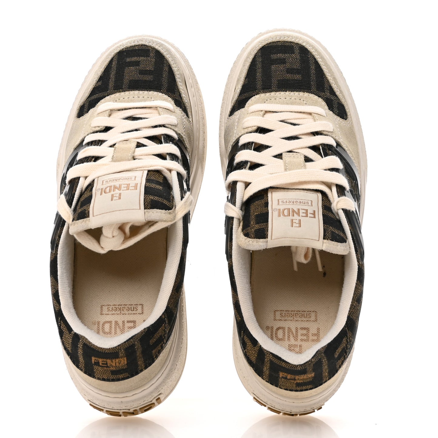 Suede Vitello Fendi Logo Match Low Top Sneakers 39 Cream Tobacco Black