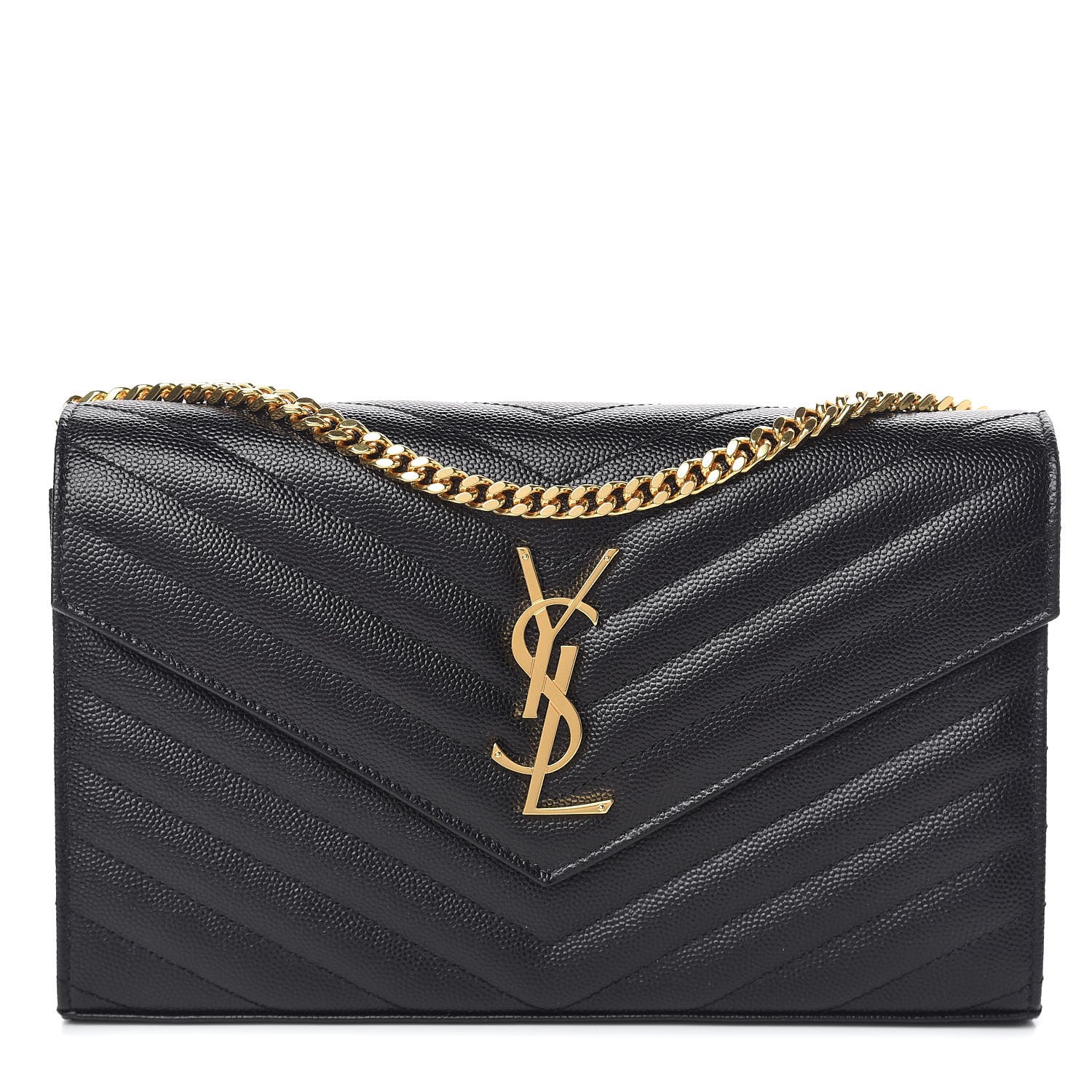 Saint Laurent Grain De Poudre Matelasse Chevron Monogram Chain Wallet Black 1 of 9